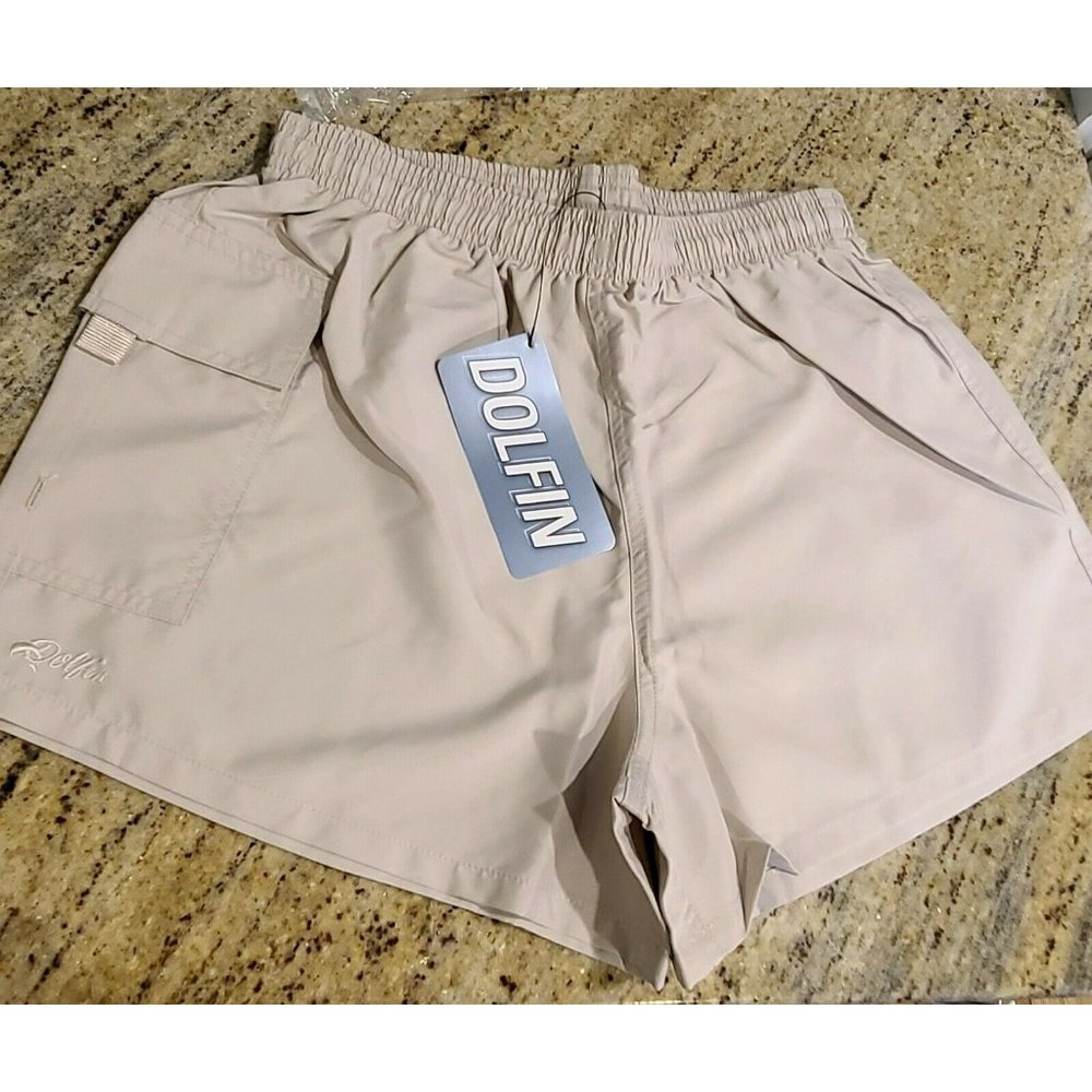 Dolphin Men's M Tan Swimming Swim Trunks Board Shorts Cargo Pocket Drawstring